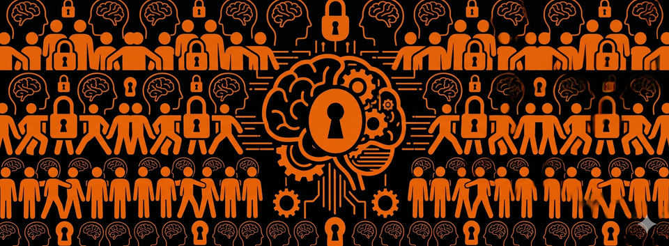 Banner Image of Human and AI Symbols in orange and black